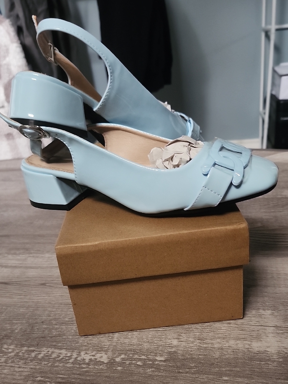 Light Baby Blue Slingback Block Heel Pumps - New